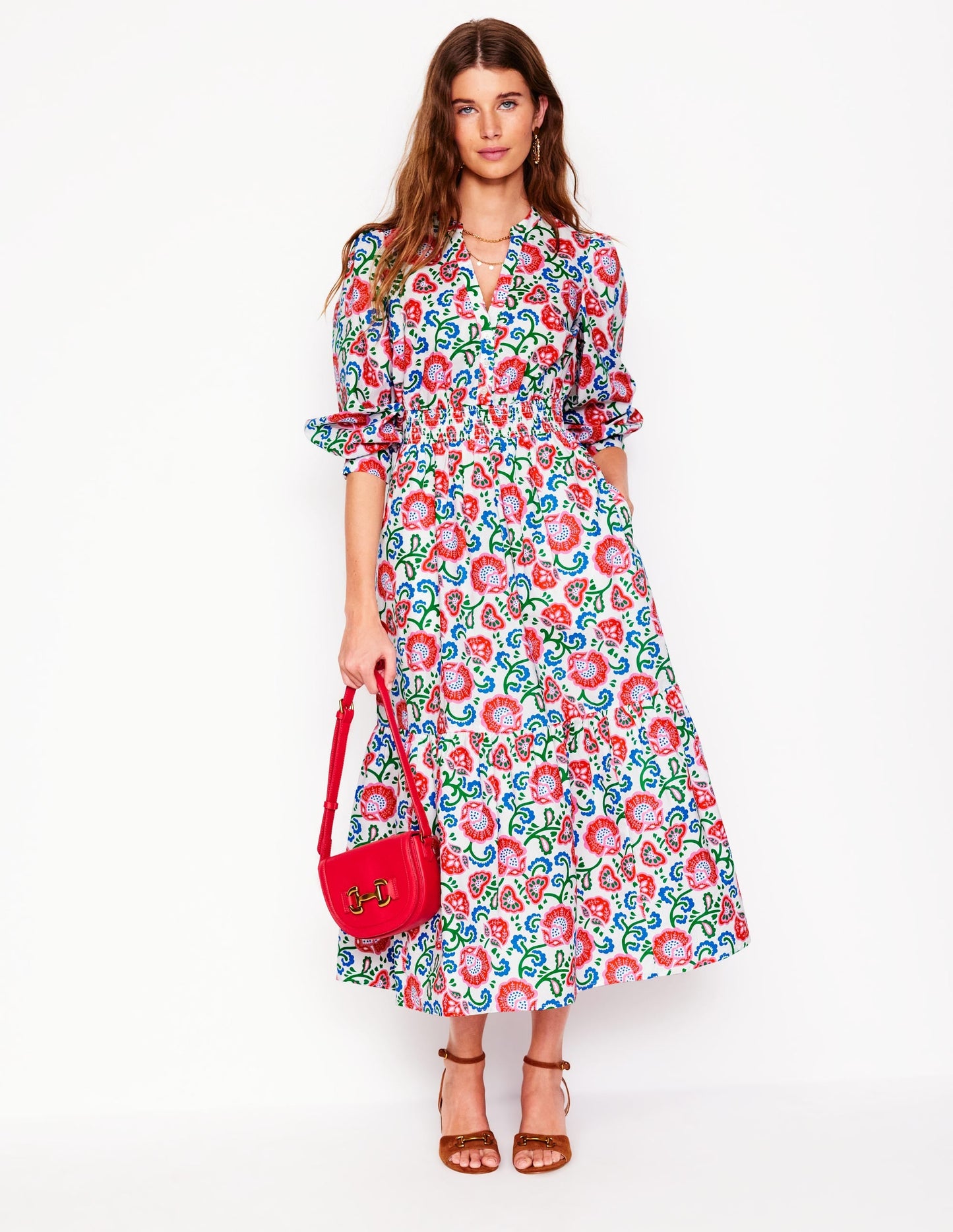Elena Tiered Cotton Midi Dress-Ivory, Garden Vine