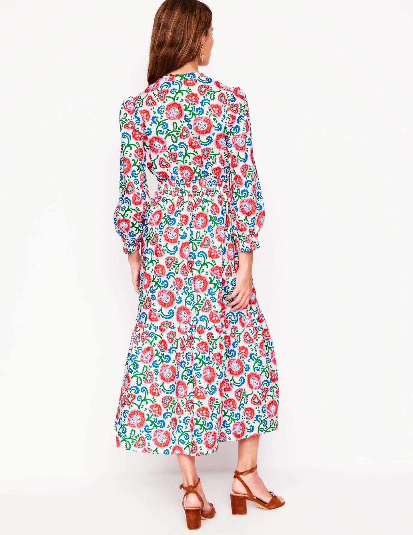 Elena Tiered Cotton Midi Dress-Ivory, Garden Vine