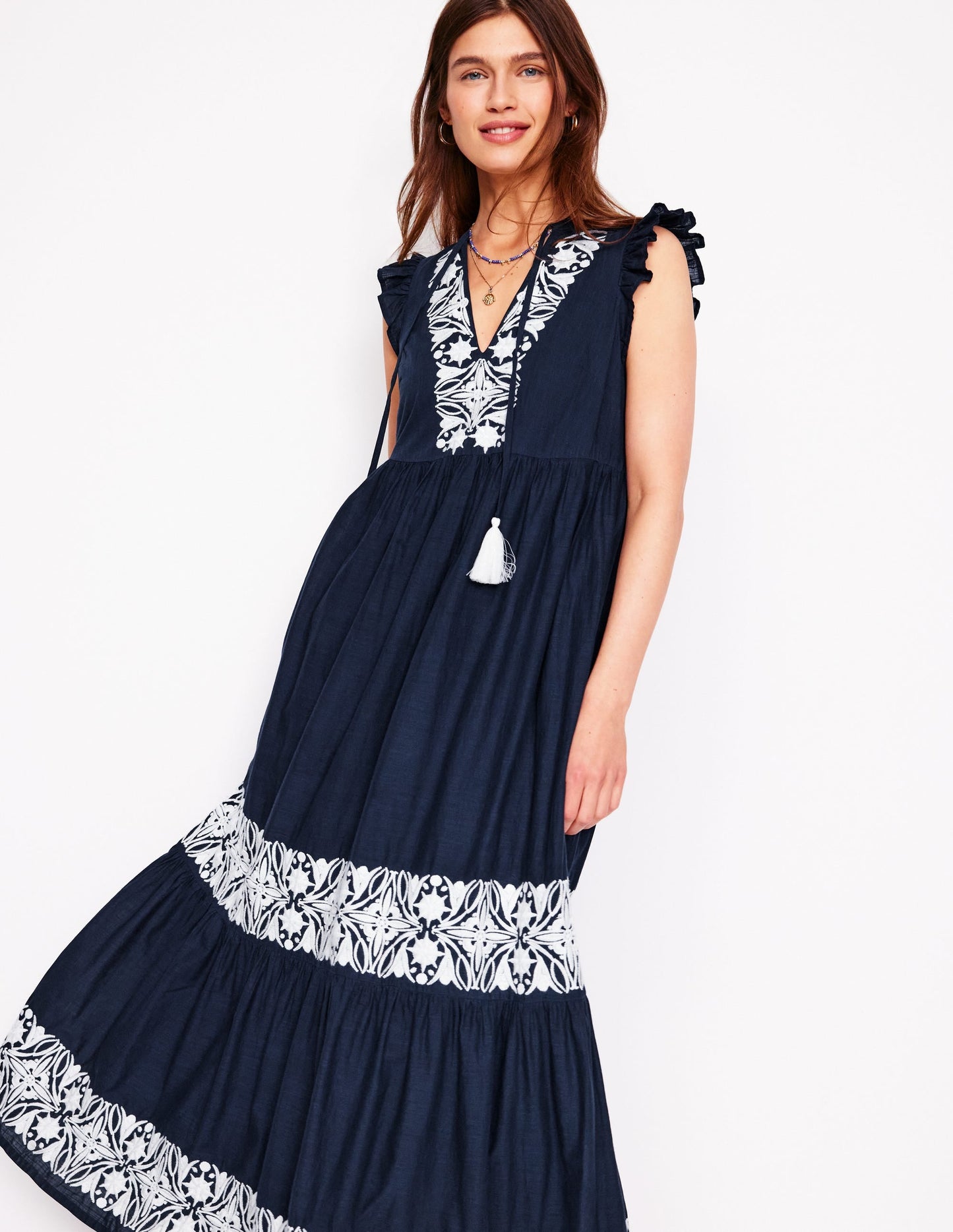 Tie Neck Tier Dress-Navy