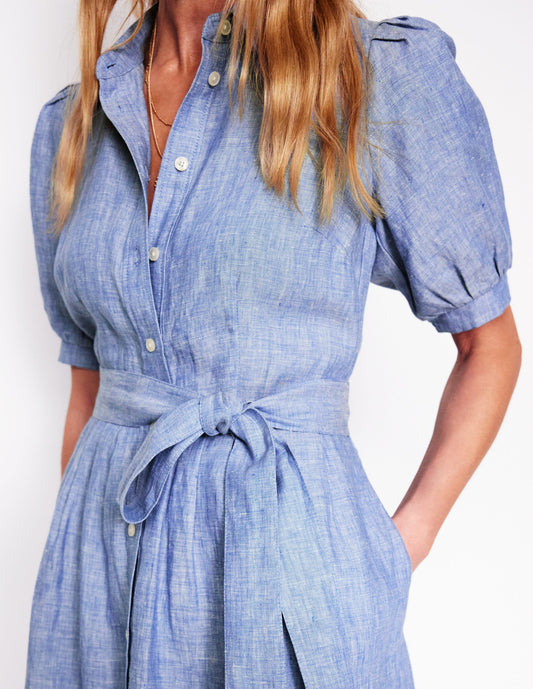 Alexa Linen Maxi Shirt Dress-Grey Blue Chambray